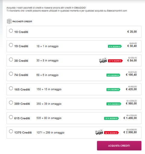 Screenshot dei prezzi di Bakeca Incontri