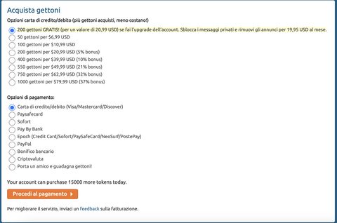Screenshot dei prezzi di Chaturbate