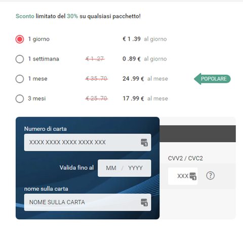 Screenshot dei prezzi di FlirtSenzaLimiti