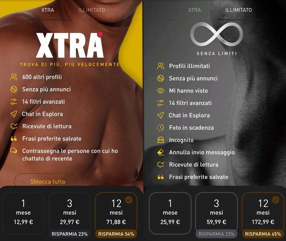 Screenshot dei prezzi di Grindr