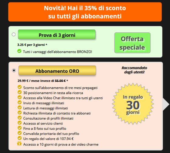 Screenshot dei prezzi di Incontri Extraconiugali