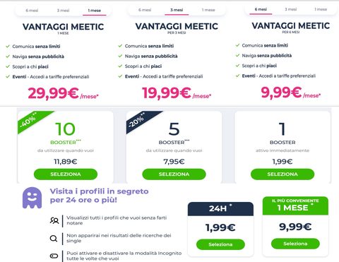 Screenshot dei prezzi di Meetic