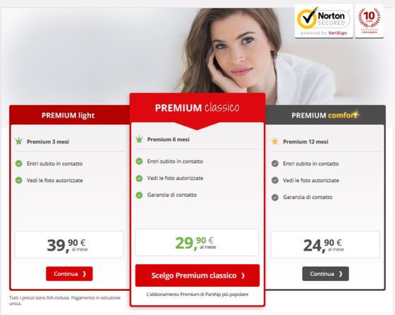 Screenshot dei prezzi di Parship