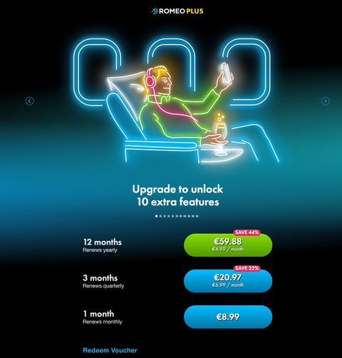 Screenshot dei prezzi di PlanetRomeo