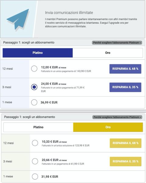 Screenshot dei prezzi di RussianCupid