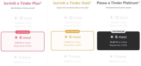 Screenshot dei prezzi di Tinder