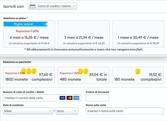Screenshot dei prezzi di Zoosk
